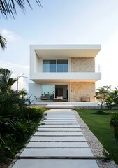Fototapeta premium Modern Minimalist White House with Stone Wall and Path