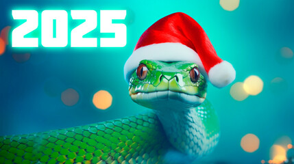 Happy New Year 2025. Snake in santa claus hat on light pink background, christmas bokeh background