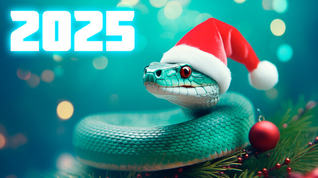 Happy New Year 2025. Snake in santa claus hat on light pink background, christmas bokeh background