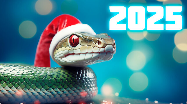 Happy New Year 2025. Snake in santa claus hat on light pink background, christmas bokeh background