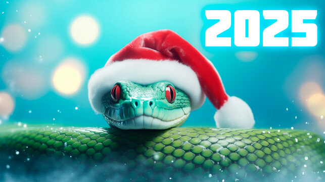 Happy New Year 2025. Snake in santa claus hat on light pink background, christmas bokeh background