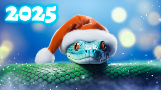 Happy New Year 2025. Snake in santa claus hat on light pink background, christmas bokeh background