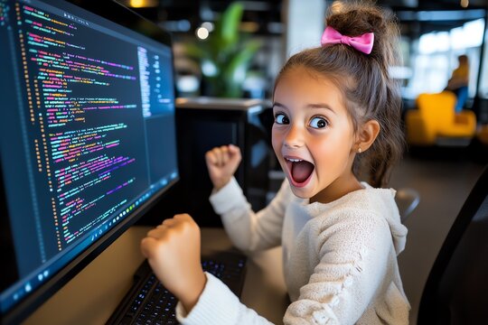 A young girl coding her first program, with lines of code on the screen and a look of excitement as she runs her project