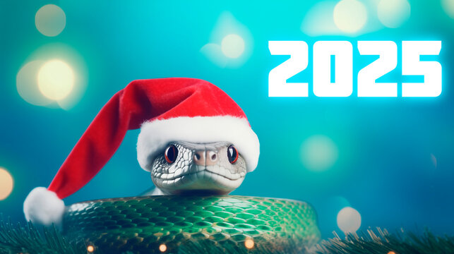 Happy New Year 2025. Snake in santa claus hat on light pink background, christmas bokeh background