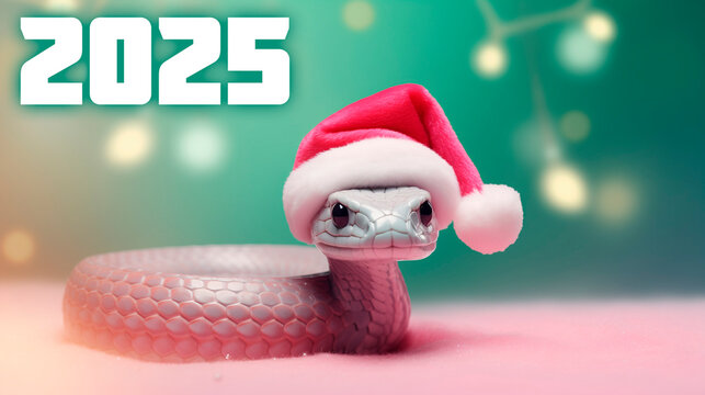 Happy New Year 2025. Snake in santa claus hat on light pink background, christmas bokeh background