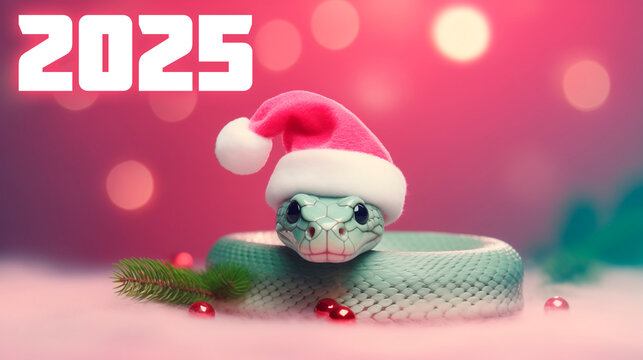 Happy New Year 2025. Snake in santa claus hat on light pink background, christmas bokeh background