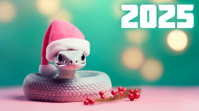 Happy New Year 2025. Snake in santa claus hat on light pink background, christmas bokeh background