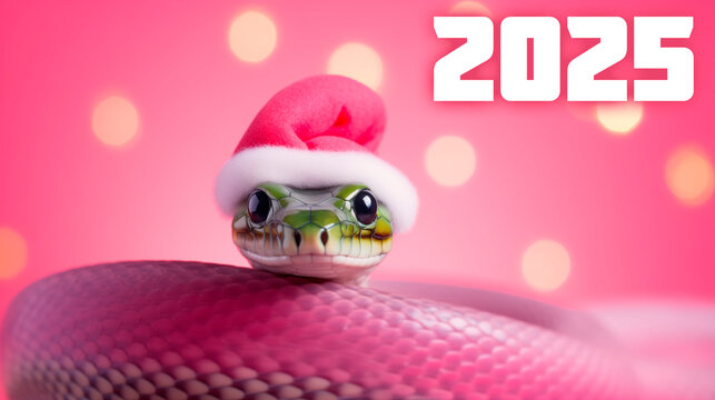 Happy New Year 2025. Snake in santa claus hat on light pink background, christmas bokeh background