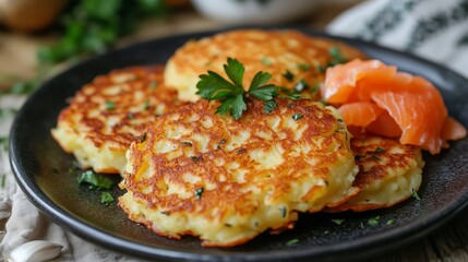 Deliciously golden potato pancakes served with smoked salmon and fresh herbs on a rustic plate