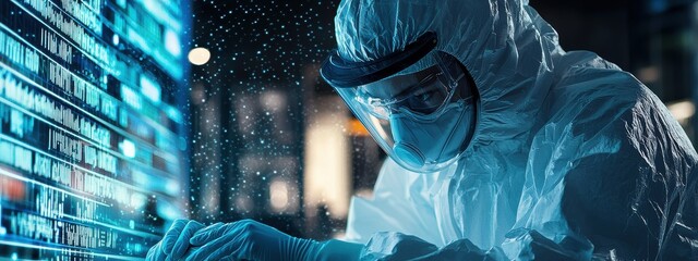 Scientist in protective gear analyzing data on futuristic digital interface in laboratory setting under blue ambient light for biotechnology research