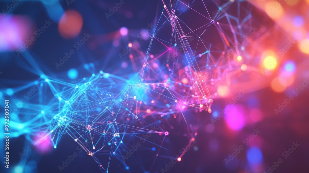 Fototapete A vibrant network of interconnected data nodes, abstract geometric shapes and flowing light trails forming a dynamic digital background