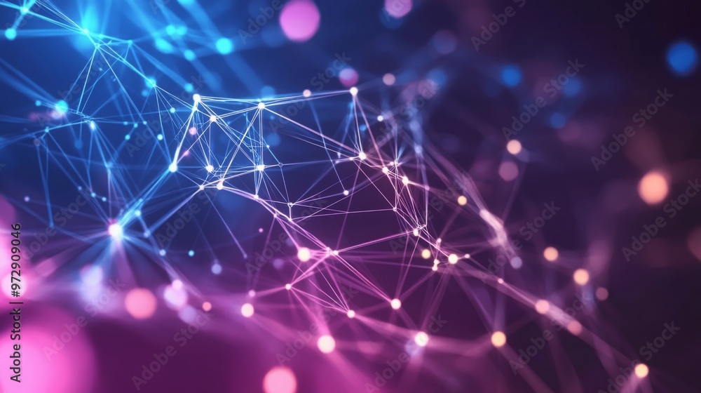Fototapete A vibrant network of interconnected data nodes, abstract geometric shapes and flowing light trails forming a dynamic digital background