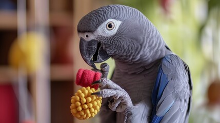 A gray parrot plays with colorful toys while perched indoors in a cozy living space on a sunny afternoon