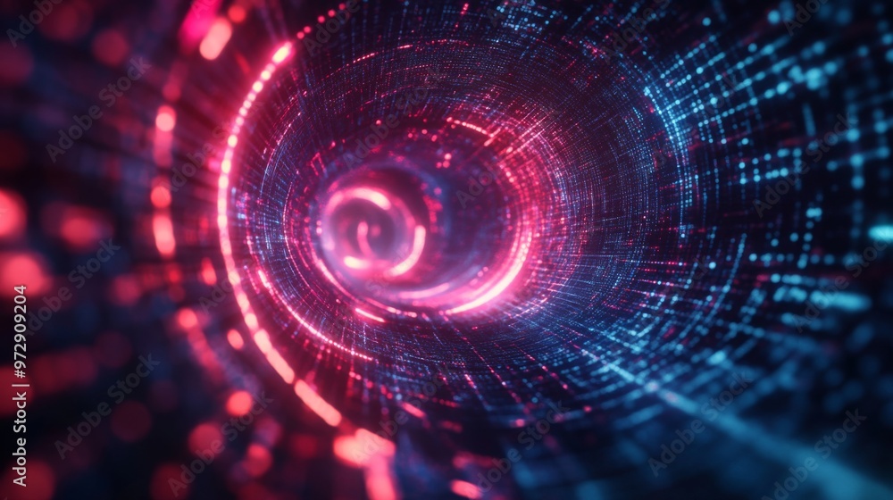 Poster Abstract digital data swirling through a grid-like structure, glowing neon lines and holographic patterns, futuristic technology