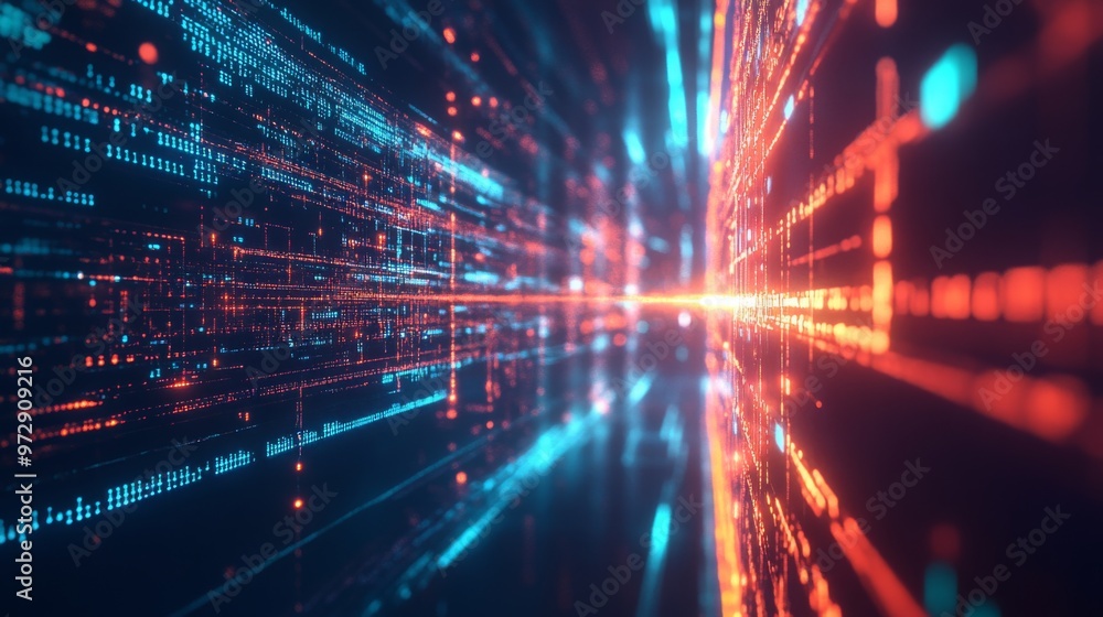 Fototapete A dynamic digital network background, glowing circuits and flowing data streams representing advanced technological abilities and processes