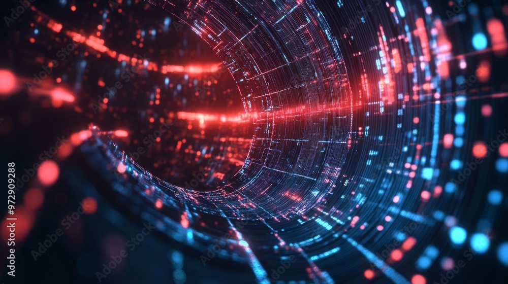 Aufkleber Abstract digital data swirling through a grid-like structure, glowing neon lines and holographic patterns, futuristic technology concept