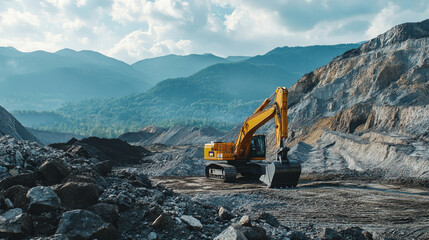 Excavator operating in a quarry with mountains of rock in the background