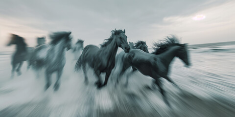 A dynamic and blurred image of wild horses running along a beach, capturing the power, speed, and freedom of the moment with a sense of motion