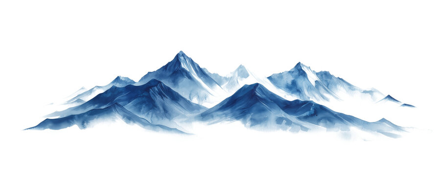Watercolor-style painting of serene mountain peaks, shrouded in mist, with soft blue tones evoking a tranquil winter landscape