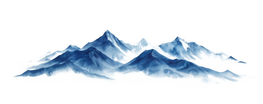 Watercolor-style painting of serene mountain peaks, shrouded in mist, with soft blue tones evoking a tranquil winter landscape