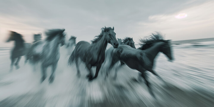 A dynamic and blurred image of wild horses running along a beach, capturing the power, speed, and freedom of the moment with a sense of motion - Powered by Adobe