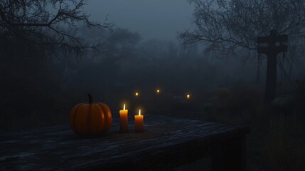 Halloween graveyard illustration with pumpkin decoration and candles.