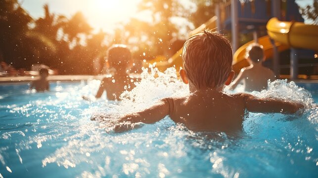 Enjoying a Splashing Day: Family Fun at Water Park under Sunny Skies