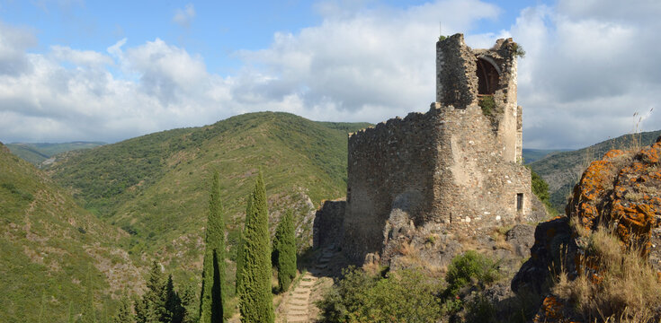 Castle at Lastours  mountains and trees
