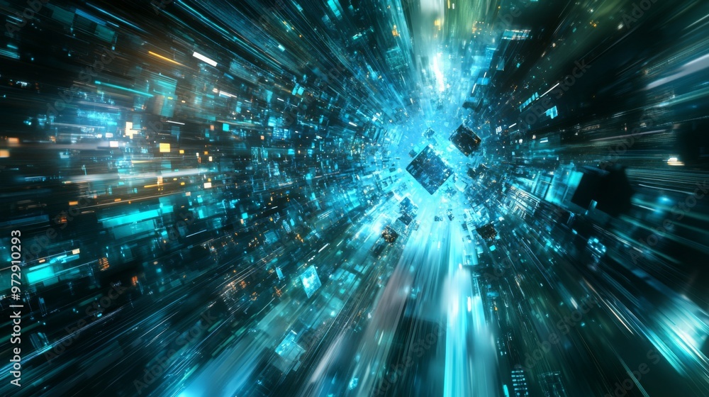 Aufkleber floating holographic data fragments, abstract shapes and light trails, a high-tech digital backgroun