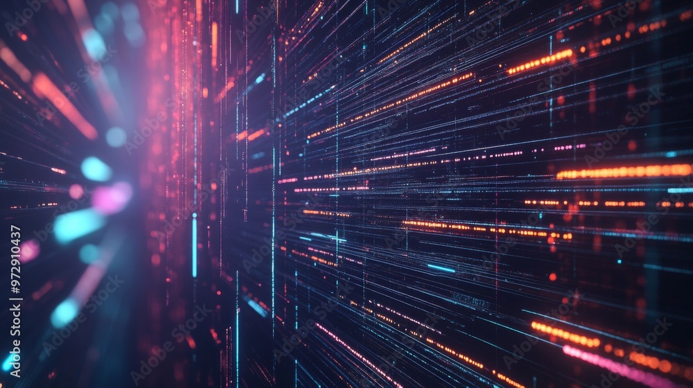 Fototapete A dynamic digital network background, glowing circuits and flowing data streams representing advanced technological abilities and processes