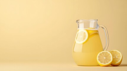 Fototapeta premium A pitcher of lemonade sits on a table with a few slices of lemon