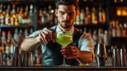 energetic nightlife scene featuring male bartender mixing and presenting vibrant green cocktail to eager customers