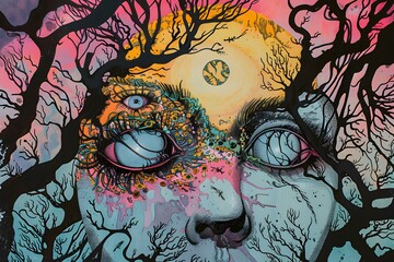Psychedelic Art Painting With Eye and Trees