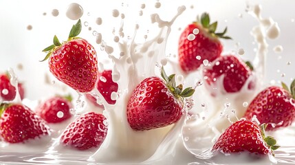 captivating food scene showing ripe strawberries splashing into smooth milk on minimalist white background