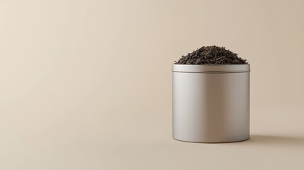 A silver container with a pile of brown material in it