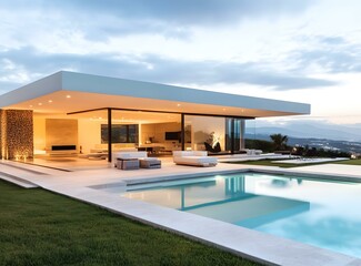 Fototapeta premium Modern Home with Swimming Pool and Mountain View