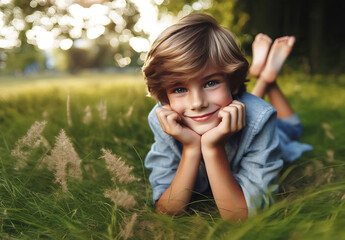 ein Junge liegt glücklich lächelnd barfuß draußen im Freien im grünen Gras Hintergrund Park Garten im Sommer Sonne Strahlen genießt Freizeit Urlaub Ferien Natur Freiheit Schönheit genießen friedlich