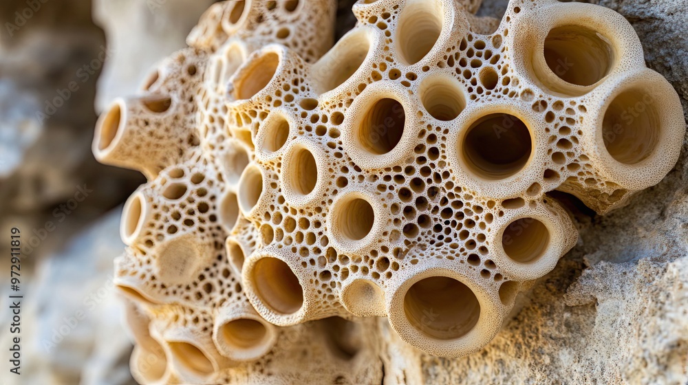 Poster close-up of a pale, honeycomb-like structure with multiple openings