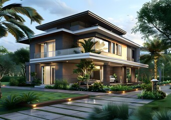 Fototapeta premium Modern House Exterior Design with Tropical Landscape