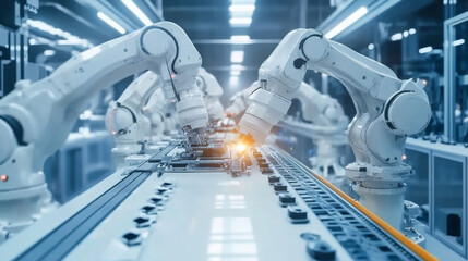 Robotic arms assembling components on a high-tech industrial automation line