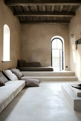 Fototapeta premium Minimalist Interior Design with Concrete Floor and Wooden Beams