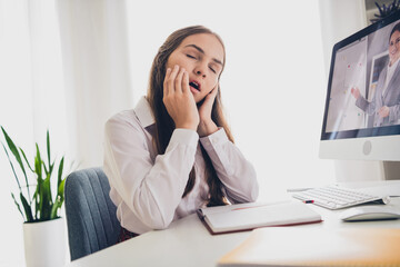 Photo portrait of cute adorable teen girl computer elearning tired yawning wear uniform remote lesson education from home indoors