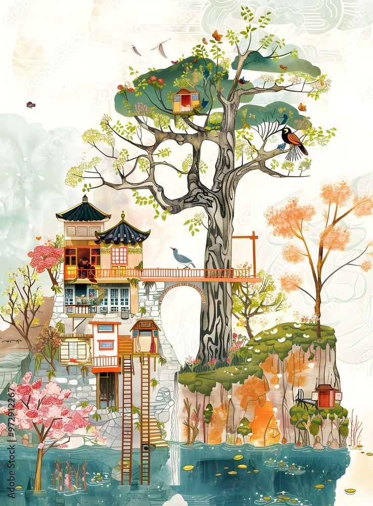 Wall mural tree house illustration with birds and flowers