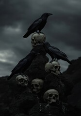 Fototapeta premium Image of ravens sitting on a skull in the middle of a gray landscape.