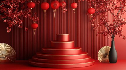 Elegant Red Stage with Lanterns and Gold Elements