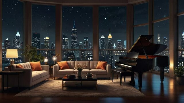 Luxurious room with grand piano, sofa, table and windows with night city views. seamless looping 4k video background animation