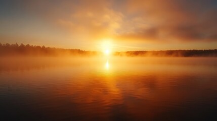 Fototapeta premium A breathtaking sunrise over a tranquil lake, with the first light of the day reflecting on the water and a mist rising gently from the surface.