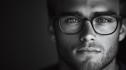 elegant and modern portrait of a young handsome man in glasses captured in black and white showcasing a stylish and sophisticated look