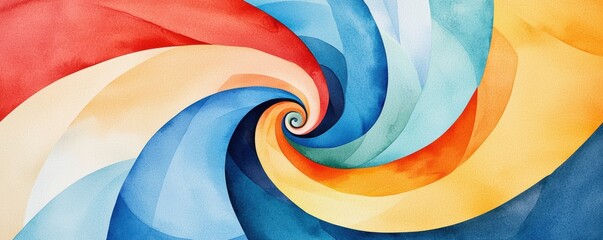 Energetic abstract spirals, bold contrasting colors, flowing movement, watercolor style