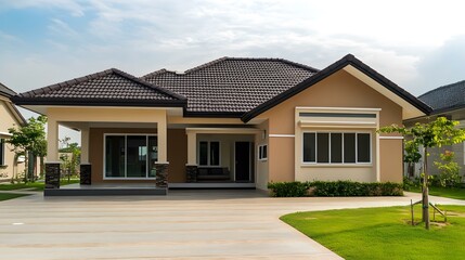 Naklejka premium Modern Brown Single Story House with Large Front Yard